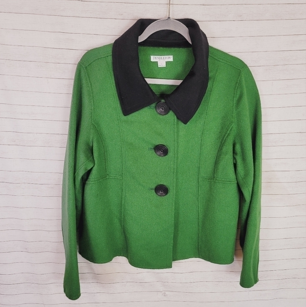 PENDLETON 100% MERINO WOOL KELLY GREEN BUTTON UP COLLARED BLAZER SZ LARGE PETITE